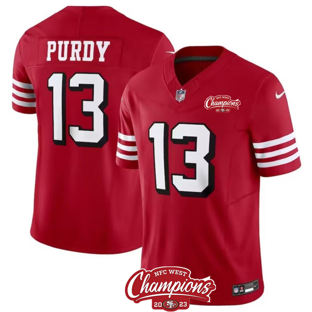 Men's San Francisco 49ers #13 Brock Purdy Red 2023 F.U.S.E. NFC West Champions Patch Alternate Stitched Football Jersey