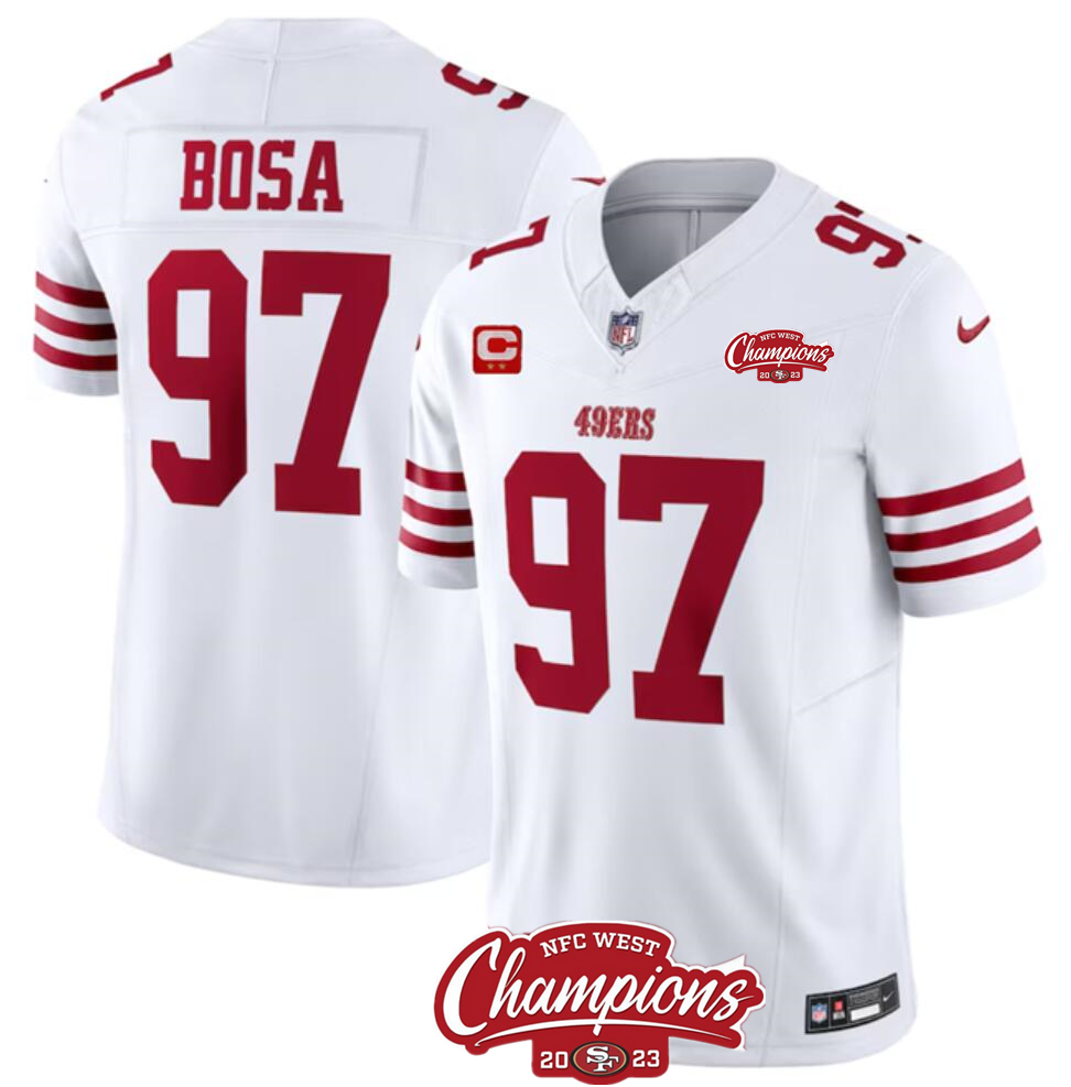 Men's San Francisco 49ers #97 Nick Bosa White 2023 F.U.S.E. With 2-star C Patch And NFC West Champions Patch Stitched Football Jersey