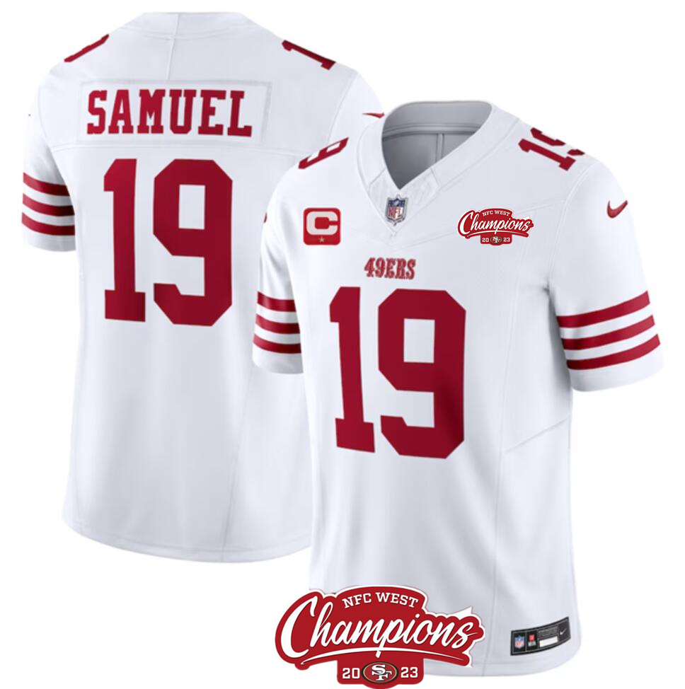 Men's San Francisco 49ers #19 Deebo Samuel White 2023 F.U.S.E. With 1-star C Patch And NFC West Champions Patch Stitched Football Jersey