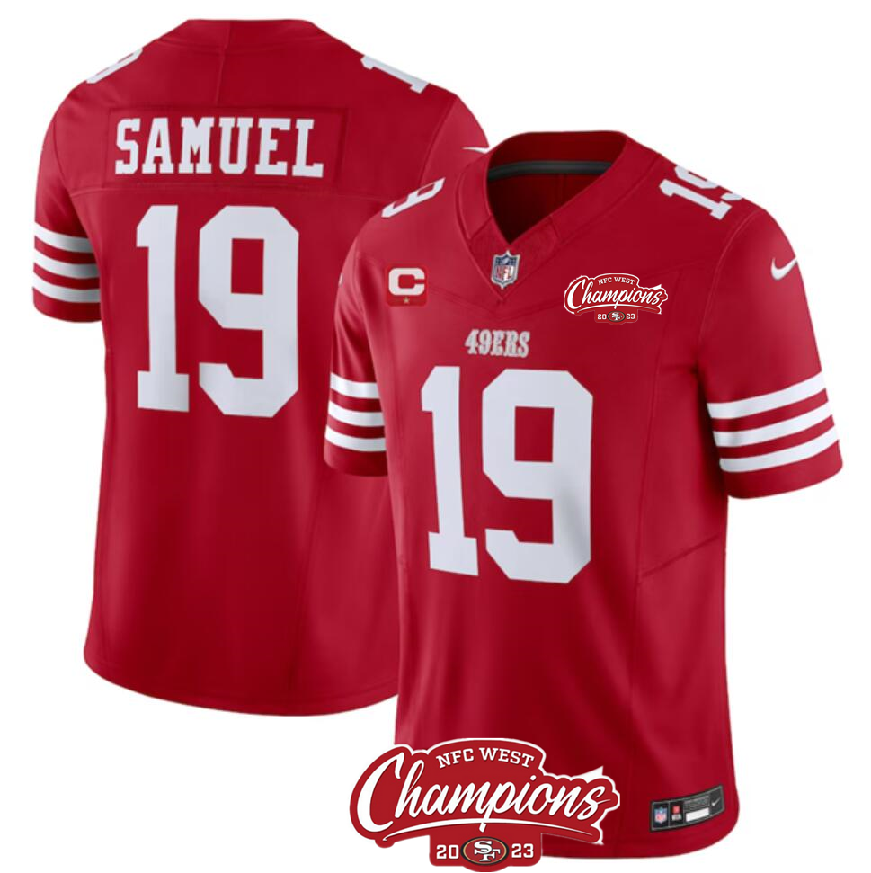 Men's San Francisco 49ers #19 Deebo Samuel Red 2023 F.U.S.E. With 1-star C Patch And NFC West Champions Patch Stitched Football Jersey