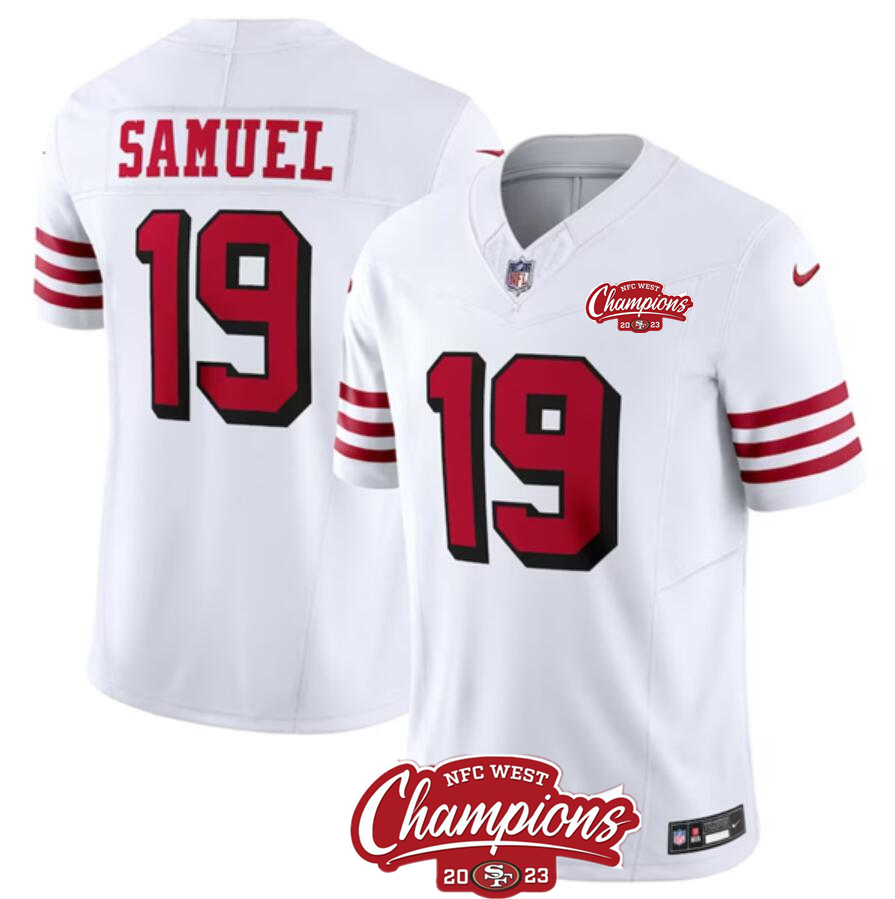 Men's San Francisco 49ers #19 Deebo Samuel White 2023 F.U.S.E. NFC West Champions Patch Alternate Stitched Football Jersey