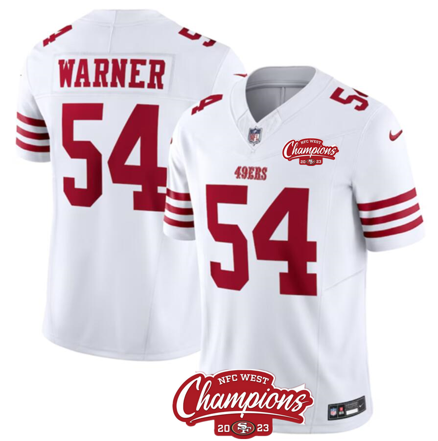 Men's San Francisco 49ers #54 Fred Warner White 2023 F.U.S.E. NFC West Champions Patch Stitched Football Jersey