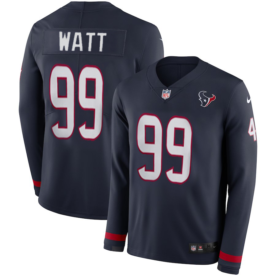 Men's Houston Texans #99 J.J. Watt Navy Therma Long Sleeve Stitched NFL Jersey