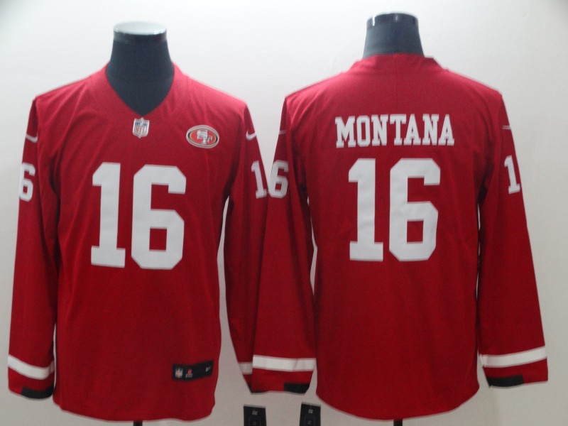 Men's San Francisco 49ers #16 Joe Montana Scarlet Therma Long Sleeve Stitched NFL Jersey