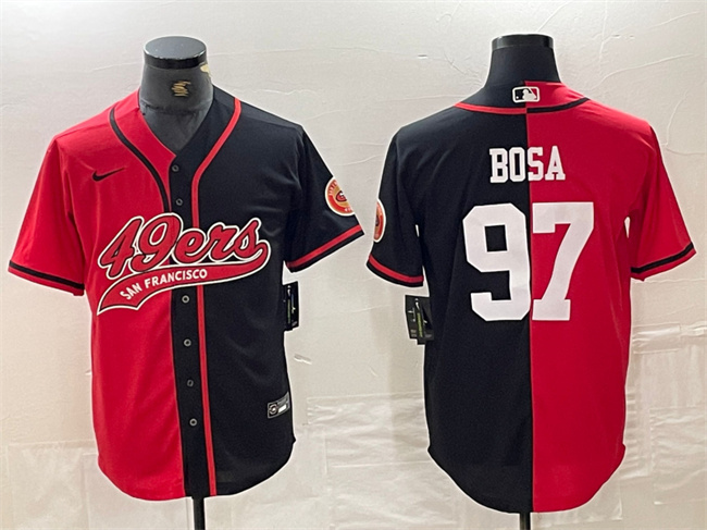 Men's San Francisco 49ers #97 Nick Bosa Red/Black Split With Patch Cool Base Stitched Baseball Jersey