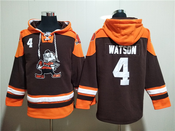 Men's Cleveland Browns #4 Deshaun Watson Brown Lace-Up Pullover Hoodie