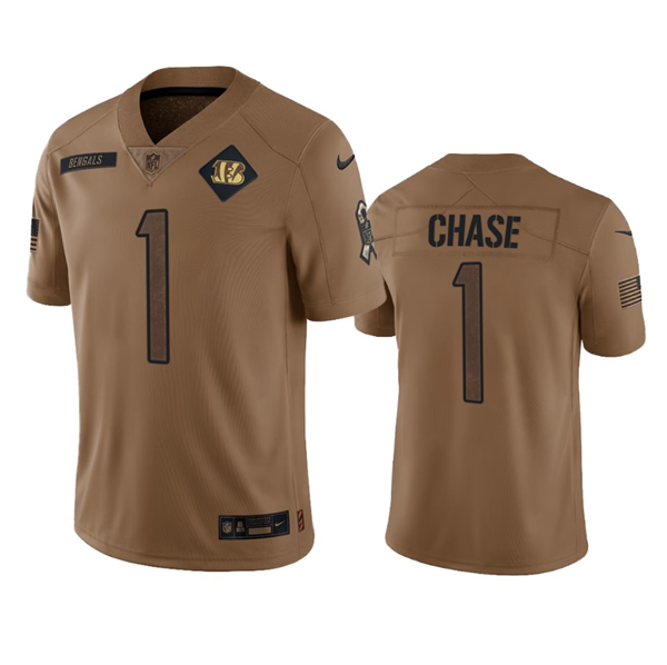 Men's Cincinnati Bengals #1 Ja'Marr Chase 2023 Brown Salute To Service Limited Stitched Jersey