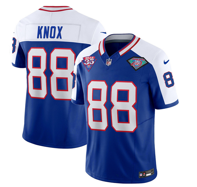Men's Buffalo Bills #88 Dawson Knox Blue/White 35th And 75th Patch 2023 F.U.S.E. Throwback Vapor Untouchable Limited Stitched Jersey
