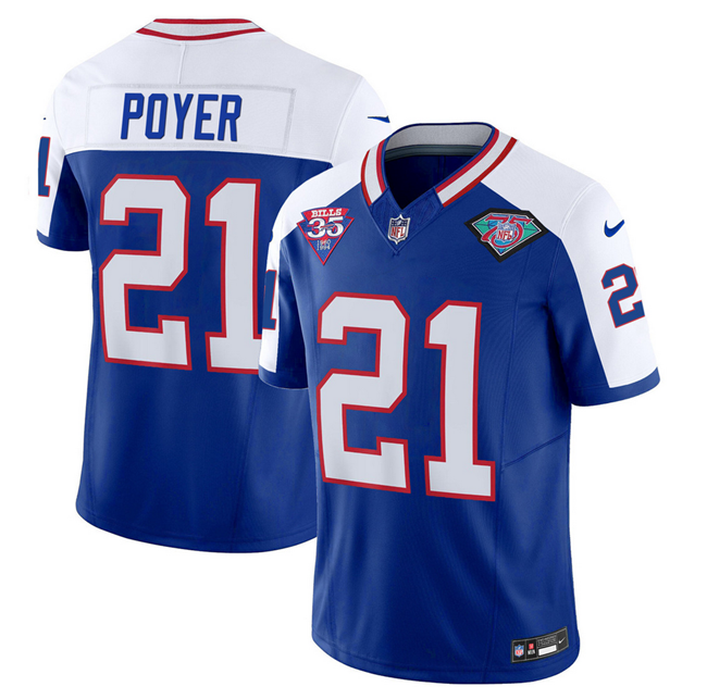 Men's Buffalo Bills #21 Jordan Poyer Blue/White 2023 F.U.S.E. 35th And 75th Patch Throwback Vapor Untouchable Limited Stitched Jersey