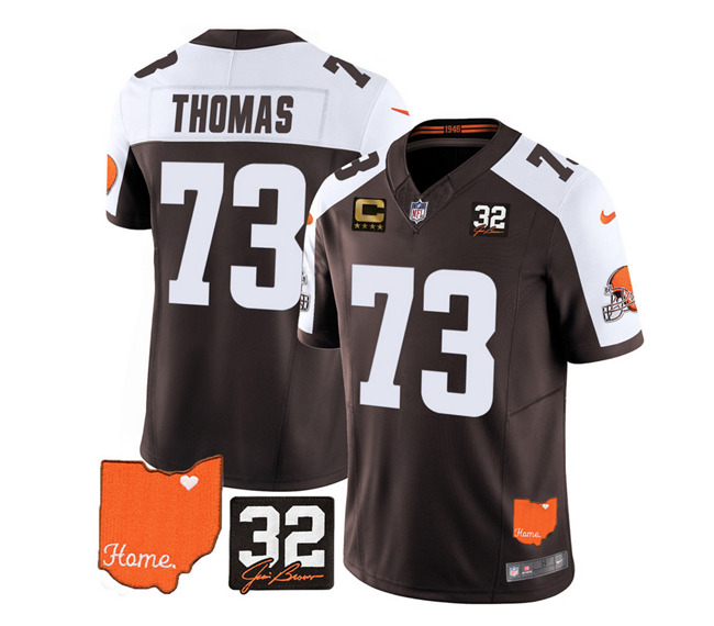 Men's Cleveland Browns #73 Joe Thomas Brown/White 2023 F.U.S.E. With Jim Brown Memorial Patch And 4-Star C Patch Vapor Untouchable Limited Stitched Jersey