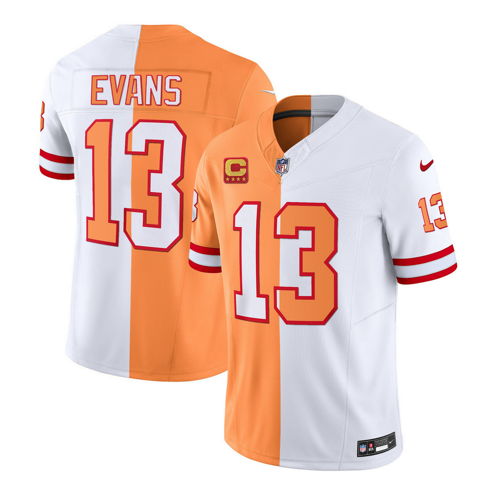 Men's Tampa Bay Buccaneers #13 Mike Evans 2023 F.U.S.E. White/Orange With 4-Star C Patch Split Throwback Limited Stitched Jersey