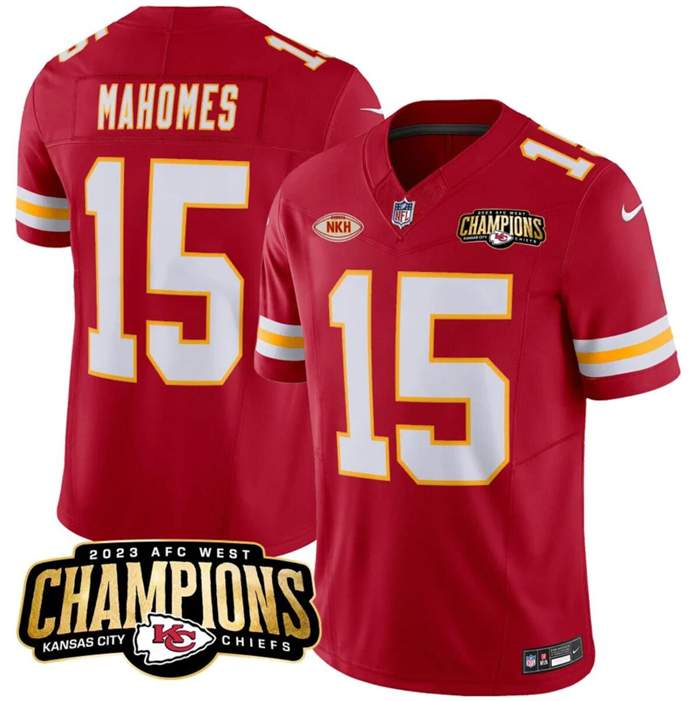 Men’s Kansas City Chiefs #15 Patrick Mahomes Red 2023 F.U.S.E. AFC West Champions With "NKH" Patch Vapor Untouchable Limited Stitched Jersey