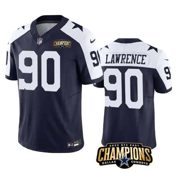Men's Dallas Cowboys #90 DeMarcus Lawrence Navy/White 2023 F.U.S.E. NFC East Champions Patch Stitched Football Jersey