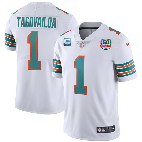 Men's Miami Dolphins #1 Tua Tagovailoa 2022 Aqua With 50th Perfect Season Patch Limited Stitched Jersey