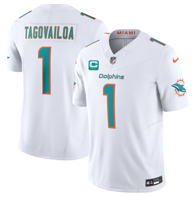 Men's Miami Dolphins #1 Tua Tagovailoa White 2023 F.U.S.E With 2-Star C Patch Vapor Limited Stitched Football Jersey