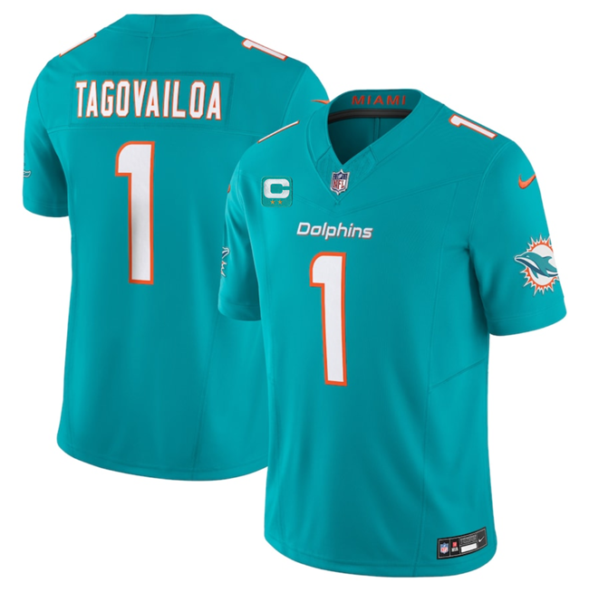 Men's Miami Dolphins #1 Tua Tagovailoa Aqua 2023 F.U.S.E With 2-Star C Patch Vapor Limited Stitched Football Jersey