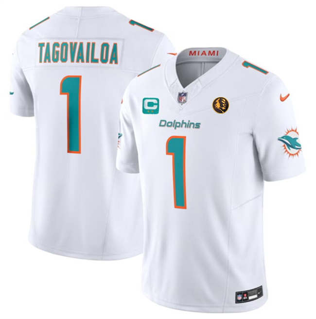Men's Miami Dolphins #1 Tua Tagovailoa White 2023 F.U.S.E. With 2-star C Patch And John Madden Patch Vapor Limited Stitched Football Jersey