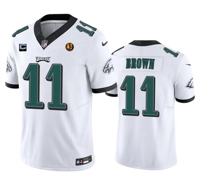 Men's Philadelphia Eagles #11 A. J. Brown White 2023 F.U.S.E. With 1-star C Patch And John Madden Patch Vapor Limited Stitched Football Jersey