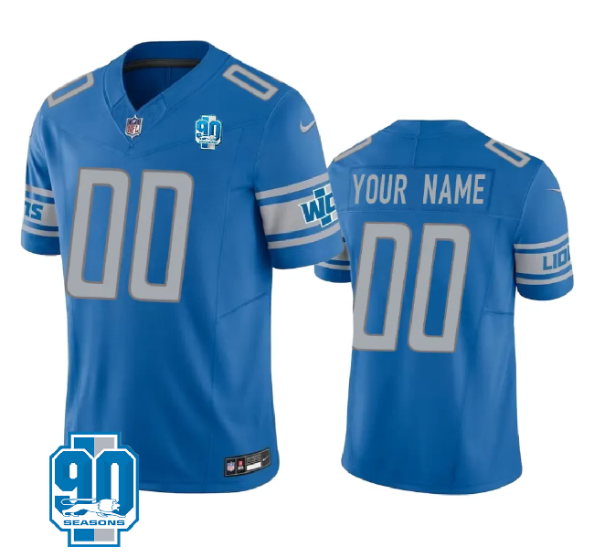Men's Detroit Lions Active Player Custom Blue 2023 F.U.S.E. 90th Anniversary Vapor Limited Stitched Football Jersey