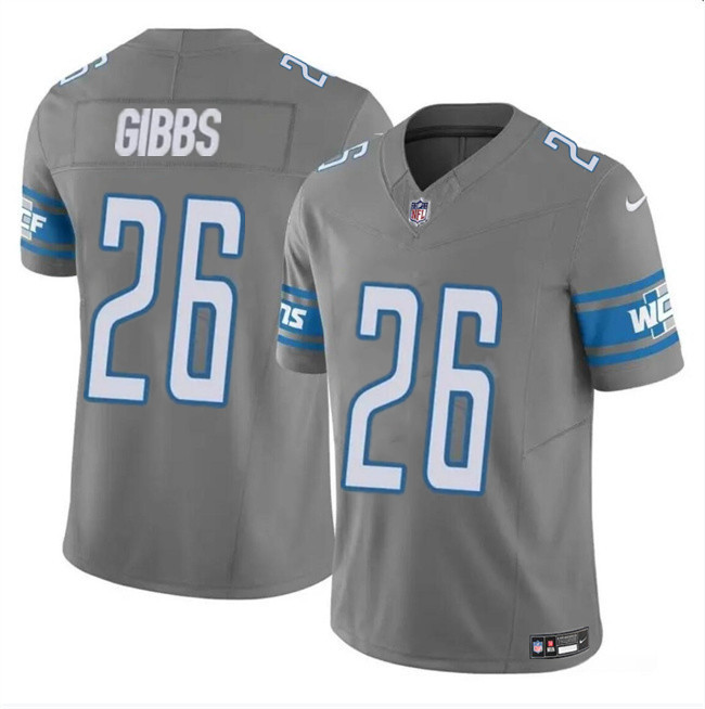 Men's Detroit Lions #26 Jahmyr Gibbs Grey 2023 F.U.S.E. Vapor Untouchable Limited Stitched Football Jersey