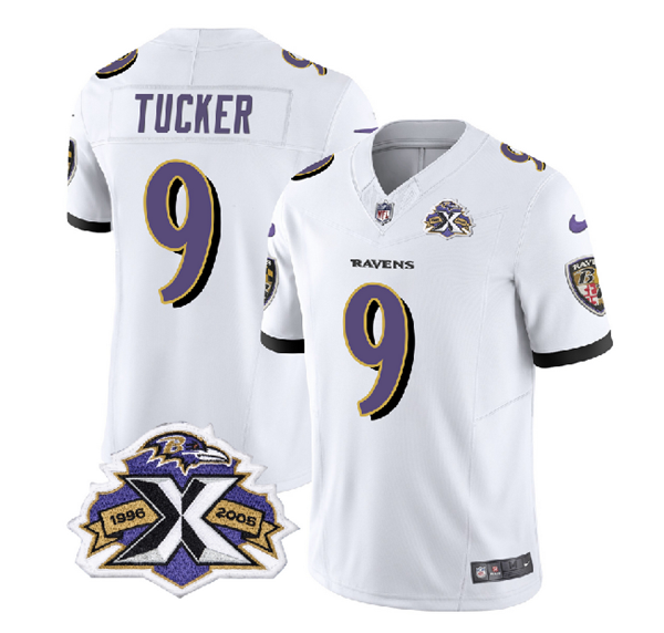 Men's Baltimore Ravens #9 Justin Tucker White 2023 F.U.S.E With Patch Throwback Vapor Limited Jersey