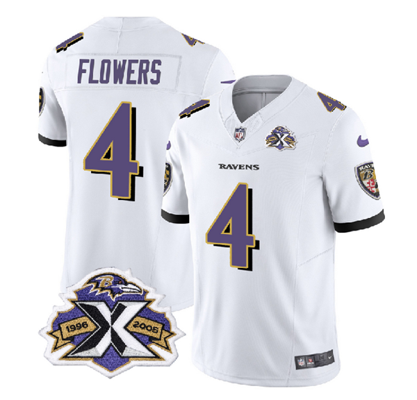 Men's Baltimore Ravens #4 Zay Flowers White 2023 F.U.S.E With Patch Throwback Vapor Limited Jersey