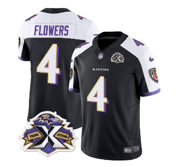 Men's Baltimore Ravens #4 Zay Flowers Black/White 2023 F.U.S.E With Patch Throwback Vapor Limited Jersey