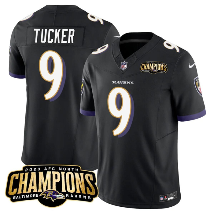 Men's Baltimore Ravens #9 Justin Tucker Black 2023 F.U.S.E. AFC North Champions Vapor Limited Football Jersey