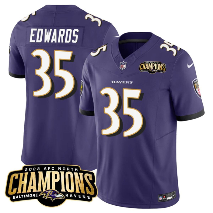 Men's Baltimore Ravens #35 Gus Edwards Purple 2023 F.U.S.E. AFC North Champions Vapor Limited Football Jersey