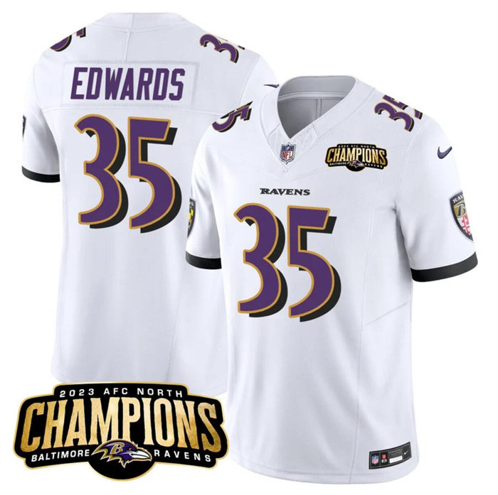 Men's Baltimore Ravens #35 Gus Edwards White 2023 F.U.S.E. AFC North Champions Vapor Limited Football Jersey
