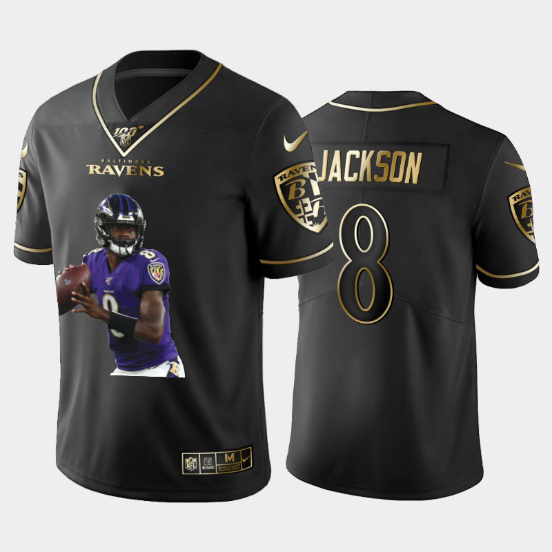 Men's Baltimore Ravens #8 Lamar Jackson Black Golden 100th Season Portrait Edition Limited Stitched Jersey