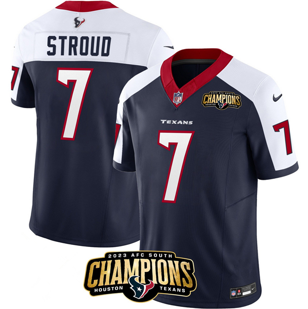 Men's Houston Texans #7 C.J. Stroud Navy/White 2023 F.U.S.E. AFC South Champions Patch Limited Stitched Football Jersey