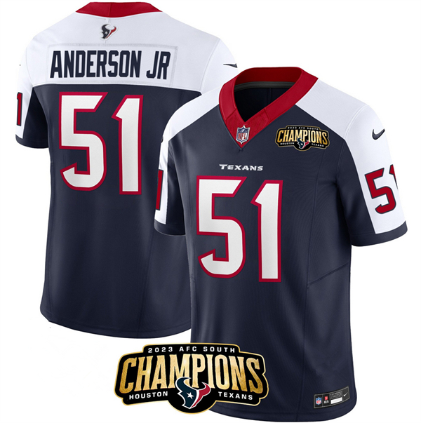 Men's Houston Texans #51 Will Anderson Jr. Navy/White 2023 F.U.S.E. AFC South Champions Patch Limited Stitched Football Jersey