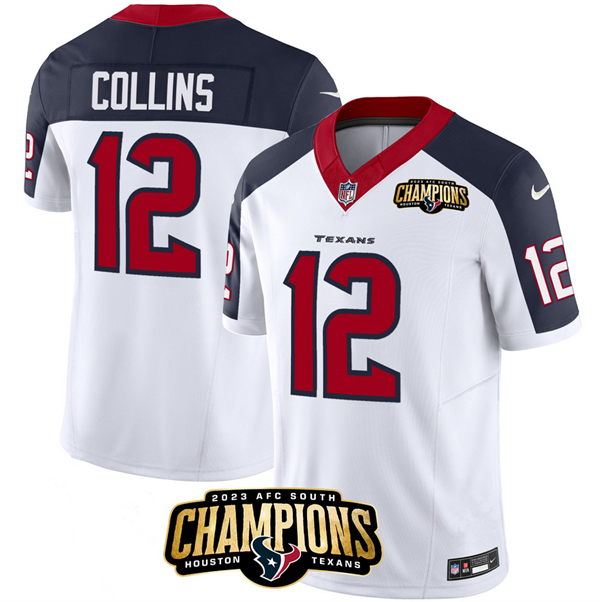 Men's Houston Texans #12 Nico Collins White/Navy 2023 F.U.S.E. AFC South Champions Patch Limited Stitched Football Jersey