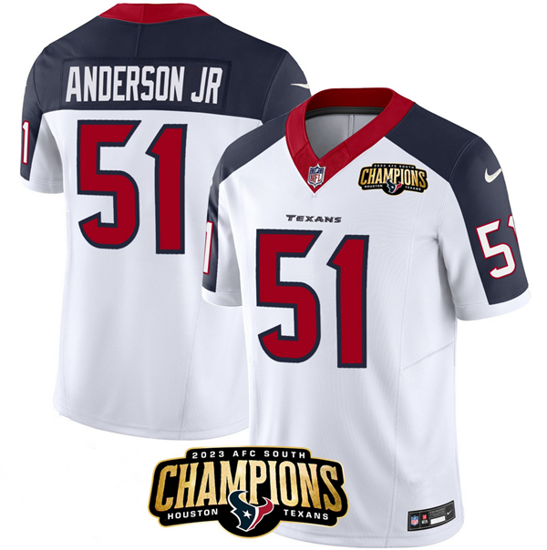 Men's Houston Texans #51 Will Anderson Jr. White/Navy 2023 F.U.S.E. AFC South Champions Patch Limited Stitched Football Jersey