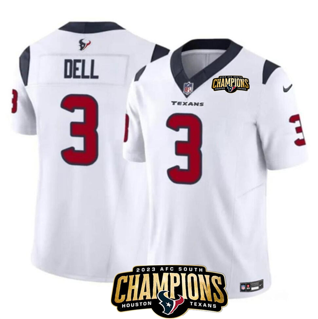 Men's Houston Texans #3 Tank Dell White 2023 F.U.S.E. AFC South Champions Patch Vapor Untouchable Limited Stitched Football Jersey