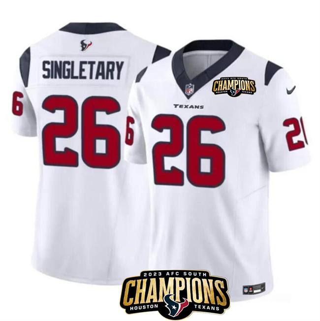 Men's Houston Texans #26 Devin Singletary White 2023 F.U.S.E. AFC South Champions Patch Vapor Untouchable Limited Stitched Football Jersey