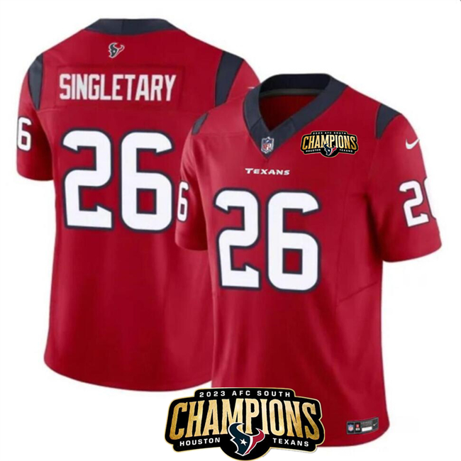 Men's Houston Texans #26 Devin Singletary Red 2023 F.U.S.E. AFC South Champions Patch Vapor Untouchable Limited Stitched Football Jersey