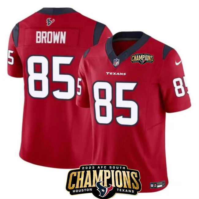 Men's Houston Texans #85 Noah Brown Red 2023 F.U.S.E. AFC South Champions Patch Vapor Untouchable Limited Stitched Football Jersey