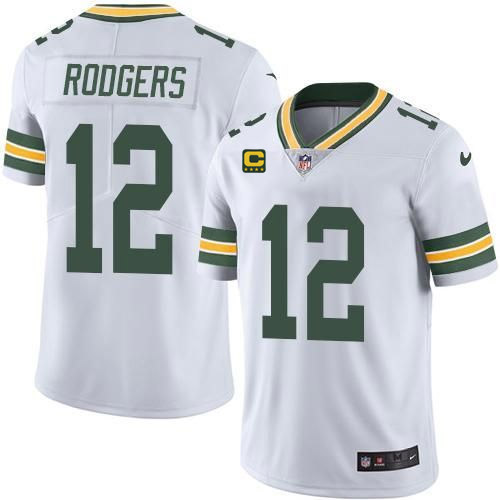 Men's Green Bay Packers #12 Aaron Rodgers White With 4-star C Patch Green Vapor Untouchable Limited Stitched Jersey