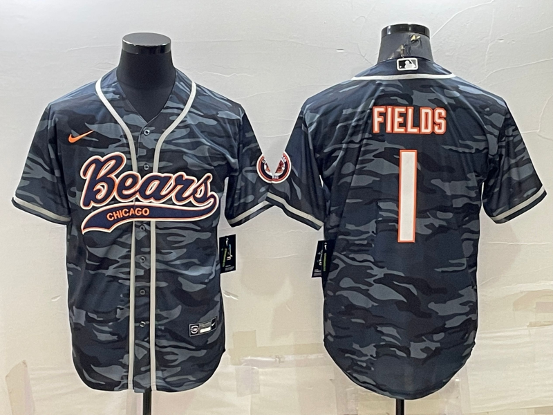 Men's Chicago Bears #1 Justin Fields Grey Camo With Patch Cool Base Stitched Baseball Jersey 001