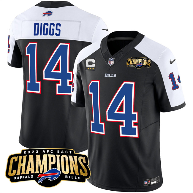 Men's Buffalo Bills #14 Stefon Diggs Black/White 2023 F.U.S.E. AFC East Champions With 3-star C Ptach Stitched Football Jersey