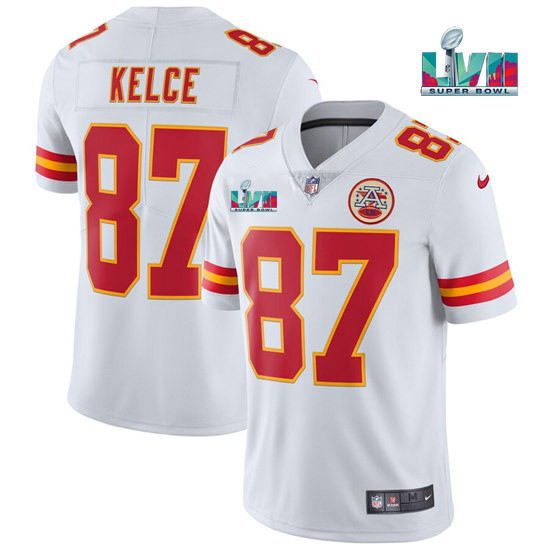 Men’s Kansas City Chiefs #87 Travis Kelce White Super Bowl LVII Patch Vapor Untouchable Limited Stitched Jersey