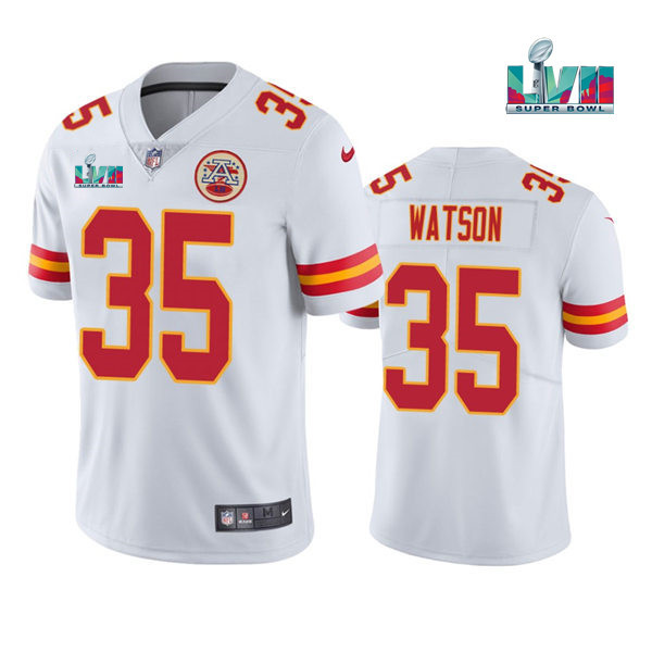 Men’s Kansas City Chiefs #35 Jaylen Watson White Super Bowl LVII Patch Vapor Untouchable Limited Stitched Jersey