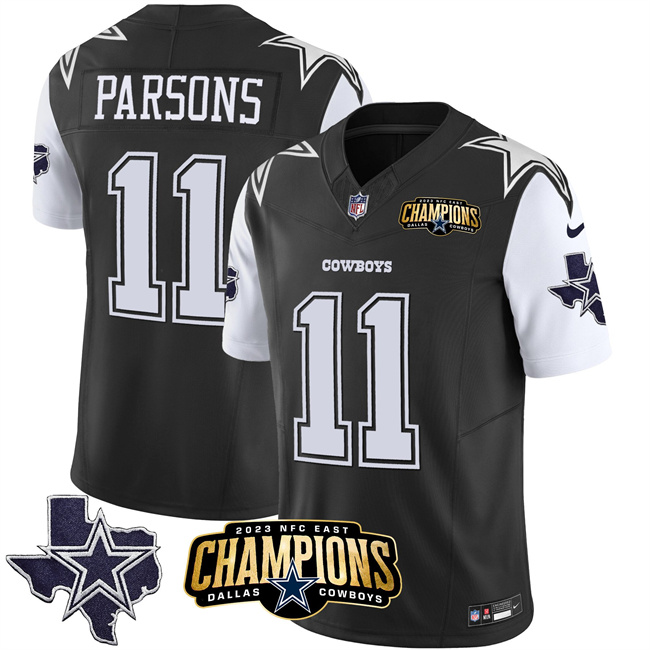Men's Dallas Cowboys #11 Micah Parsons Black/White 2023 F.U.S.E. NFC East Champions Patch Stitched Football Jersey