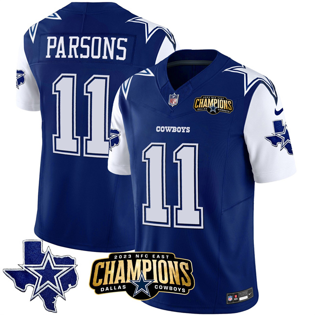 Men's Dallas Cowboys #11 Micah Parsons Blue/White 2023 F.U.S.E. NFC East Champions Patch Stitched Football Jersey