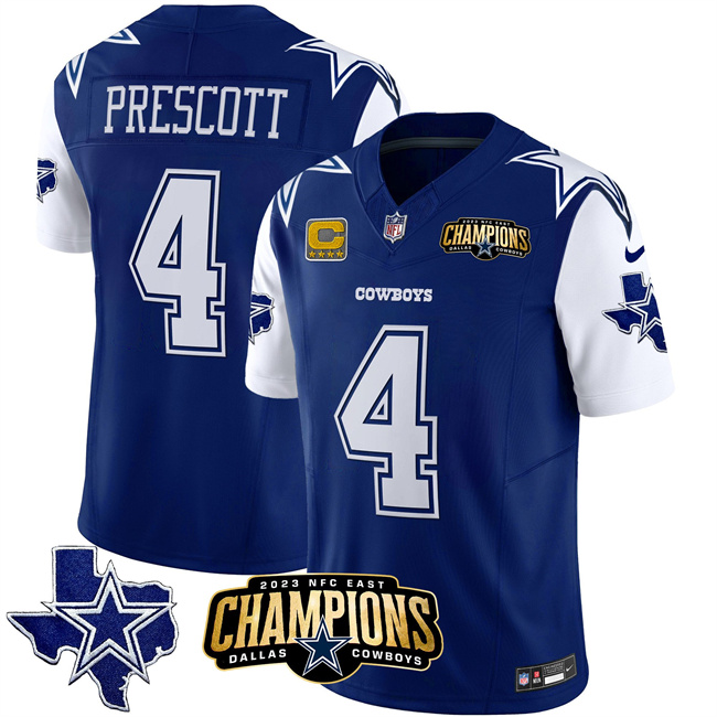 Men's Dallas Cowboys #4 Dak Prescott Blue/White 2023 F.U.S.E. NFC East Champions With 4-star C Ptach Stitched Football Jersey