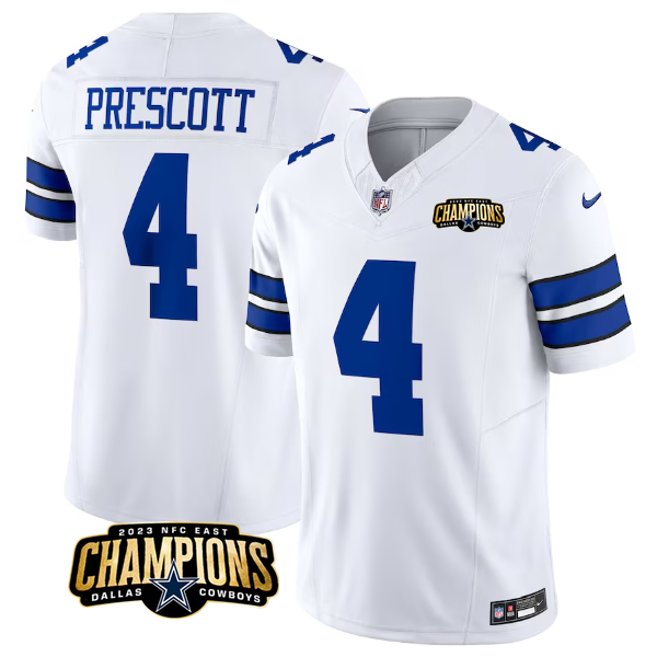Men's Dallas Cowboys #4 Dak Prescott White 2023 F.U.S.E. NFC East Champions Patch Stitched Football Jersey