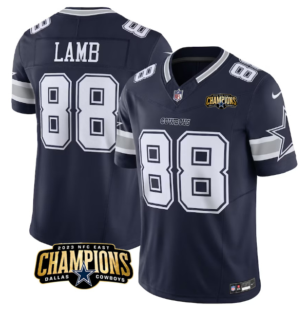 Men's Dallas Cowboys #88 CeeDee Lamb White/Navy 2023 F.U.S.E. NFC East Champions Patch Stitched Football Jersey