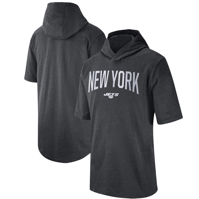 Men's New York Jets Heathered Charcoal Sideline Training Hooded Performance T-Shirt